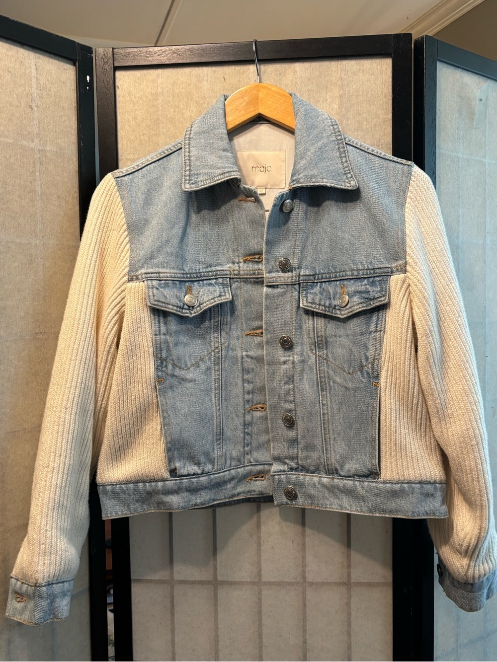 MAJE Mixed-Material Denim & Knit Hybrid Cropped Cotton Blend Jacket